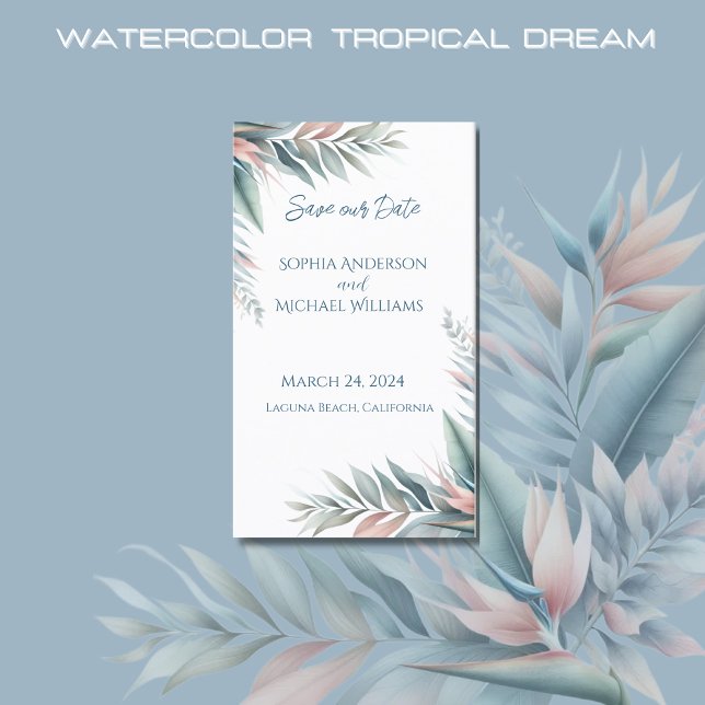 Tarjeta De Visita Sueño tropical - Boda-Guardar la fecha- (Watercolor Tropical Dream Wedding Save the Date-Coastal-Pastel Colors)