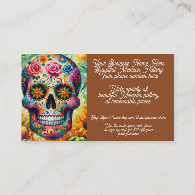 Tarjeta De Visita Sugar Skull Venta de Tiendas de Cerámica Mexicana  (Anverso)