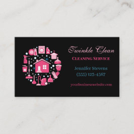 Tarjeta De Visita Suministros de servicio de limpieza rosa y negro