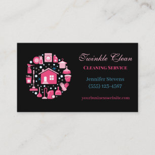 Tarjeta De Visita Suministros de servicio de limpieza rosa y negro