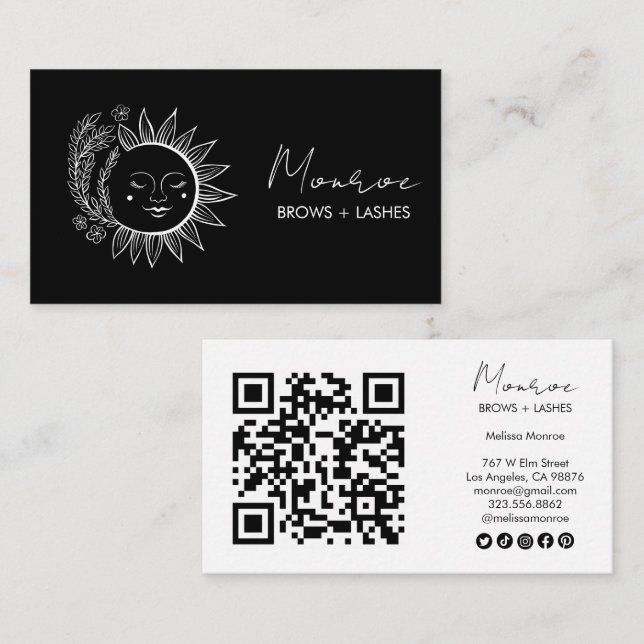 Tarjeta De Visita Sun Floral Boho Line Art Elegante QR Iconos social (Anverso / Reverso)
