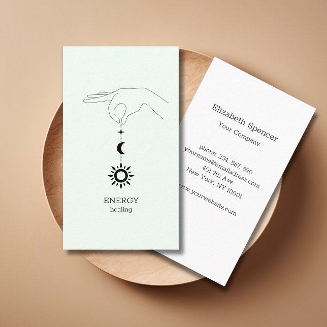 tarjeta de visita Sun Moon (Green Sun Moon Illustration Business Card. Modern Whimsical. Perfect for Energy Healer & more.)