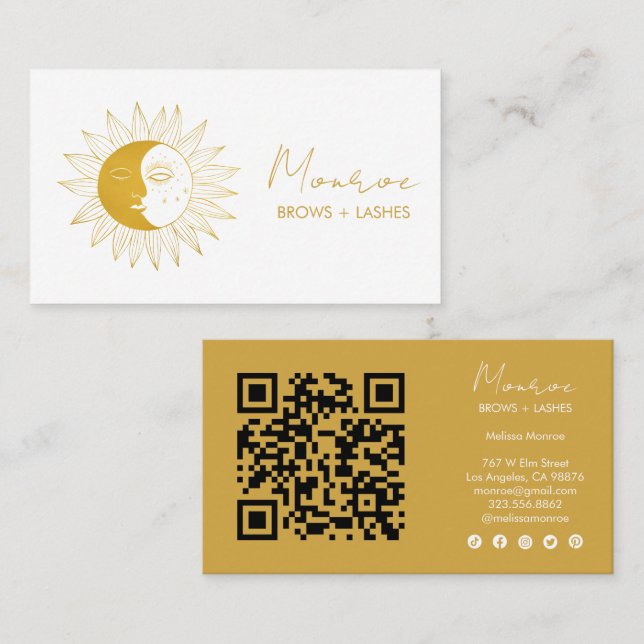 Tarjeta De Visita Sun & Moon Boho Golden Elegant QR Iconos sociales (Anverso / Reverso)