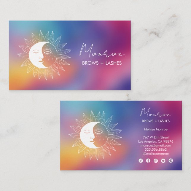 Tarjeta De Visita Sun & Moon Boho Line Art Chic Rainbow Social Icons (Anverso / Reverso)