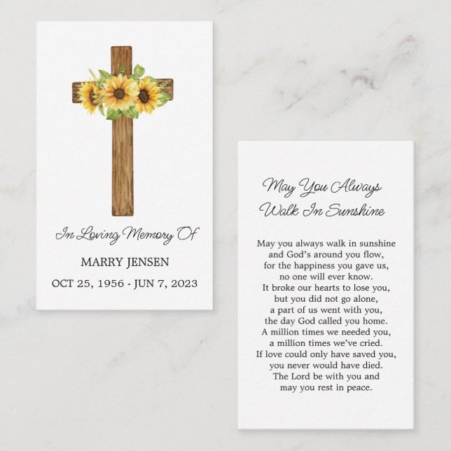 Tarjeta De Visita Sunflower Cross Memorial Funeral Prayer Card (Anverso / Reverso)