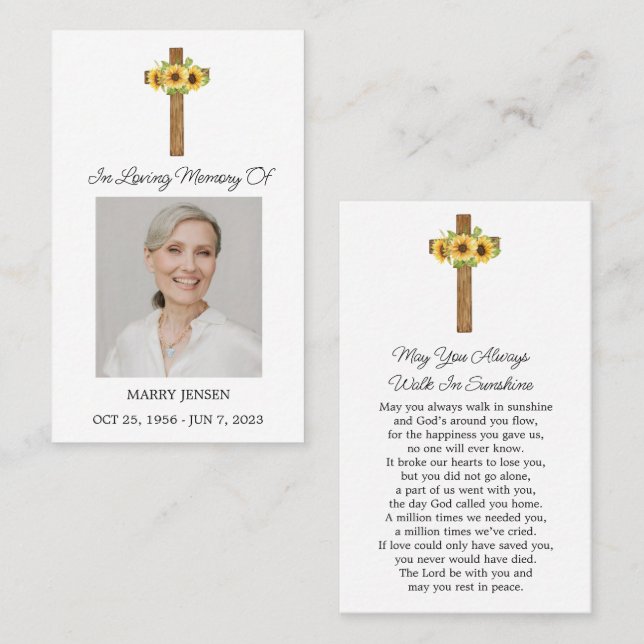 Tarjeta De Visita Sunflower Cross Memorial Photo Funeral Prayer Card (Anverso / Reverso)