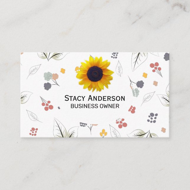 Tarjeta De Visita Sunflower | Flores ilustrativas Elementos florales (Anverso)