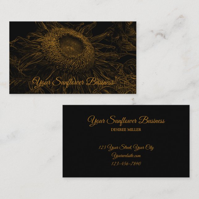 Tarjeta De Visita Sunflower Gold Black Floral Art Elegante Lujo (Anverso / Reverso)