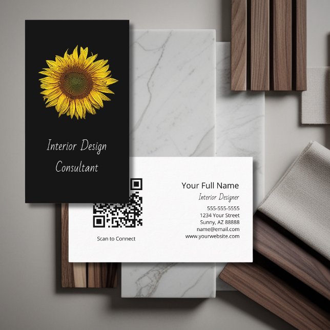 Tarjeta De Visita Sunflower QR code Interior Designer Modern Black  (Subido por el creador)