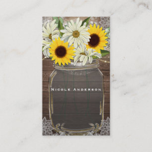 Tarjeta De Visita Sunflowers & Daisies Mason Jar Sparkle Rustic Moda