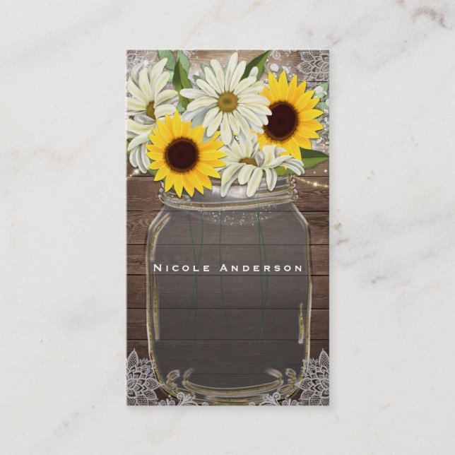Tarjeta De Visita Sunflowers & Daisies Mason Jar Sparkle Rustic Moda (Anverso)