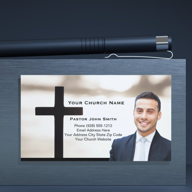 Tarjeta De Visita Sunrise White Black Cross Pastor Photo  (Sunrise White Black Cross Pastor Photo Business Card)