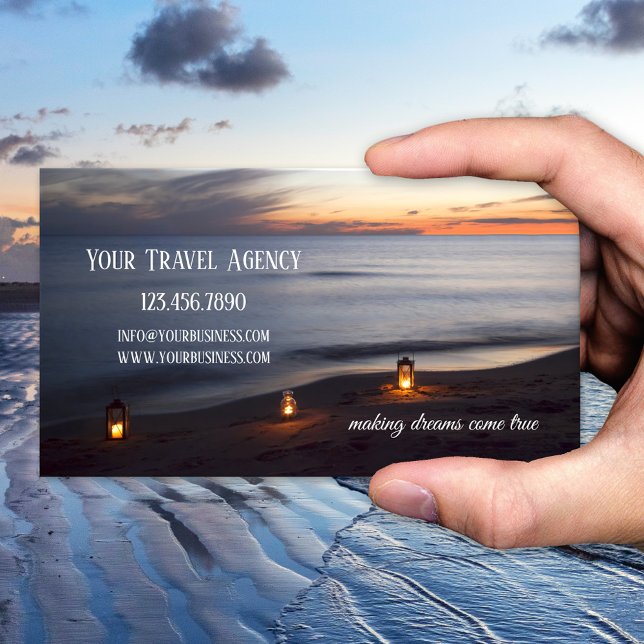 Tarjeta de visita Sunset Beach Travel (Peaceful and romantic business card featuring lights on the beach at sunset - travel - peace )