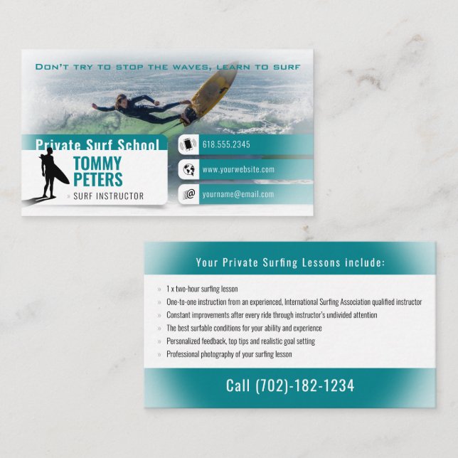 Tarjeta De Visita Surf Instructor |  Surfboard Active Sports (Anverso / Reverso)