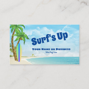 Tarjeta De Visita Surf's Up Surfboard y Beach Tropical Surfing