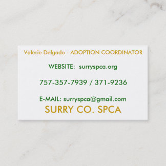 Tarjeta De Visita SURRY CO. SPCA, Valerie Delgado - ADOPCIÓN COOR…