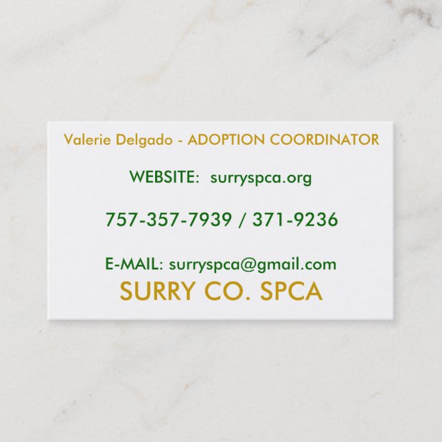 Tarjeta De Visita SURRY CO. SPCA, Valerie Delgado - ADOPCIÓN COOR… (Anverso)