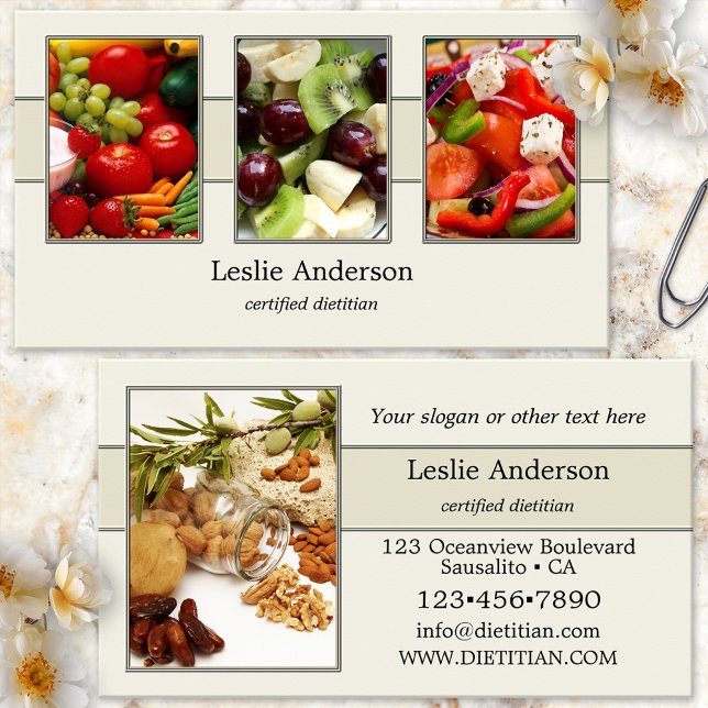 Tarjeta De Visita Sus 4 fotos Dietista o Nutrionista Elegante (Health coach or dietitian/nutritionist business card showing your photos on an elegant cream design)