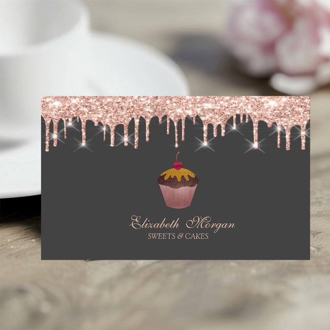 Tarjeta De Visita  Sweets Cupcake Cherry Rose Gold Drips Bakery  (Subido por el creador)