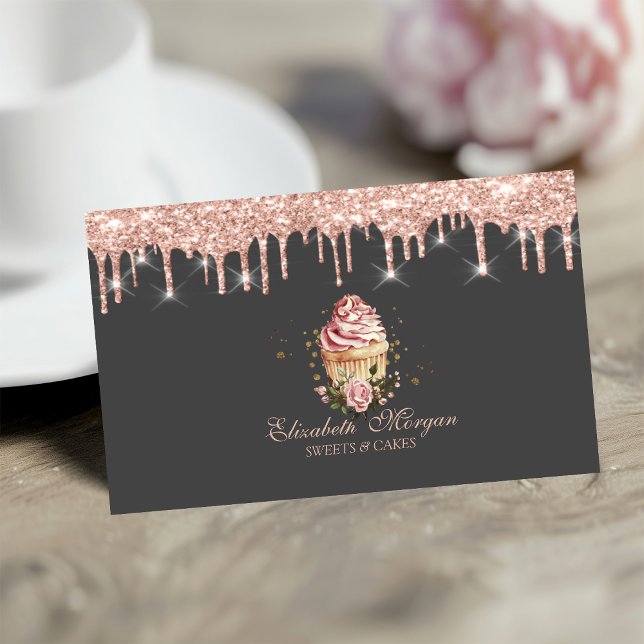 Tarjeta De Visita  Sweets Cupcake Flowers Rose Gold Drips Bakery  (Subido por el creador)