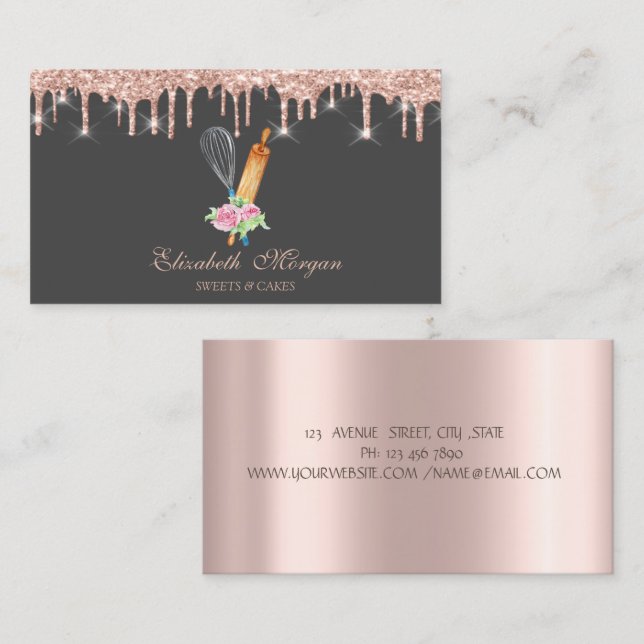 Tarjeta De Visita Sweets Cupcake Rose Gold Drips Panadería (Anverso / Reverso)