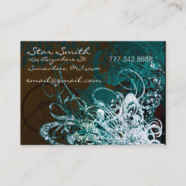 Tarjeta De Visita Swirly Florals SeaBlue and Chocolate (Anverso)