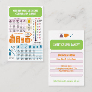 Tarjeta De Visita Tabla de Conversión de Cocina Pastelería Dulce