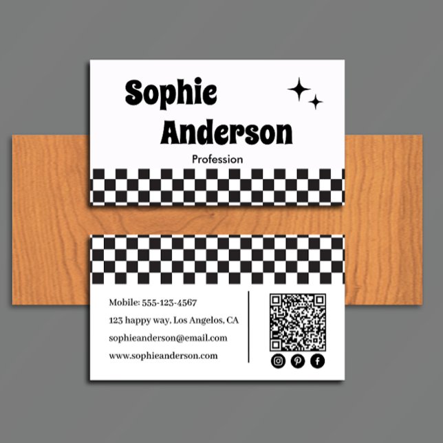 Tarjeta De Visita Tablero de ajedrez retro en blanco y negro con cód (Subido por el creador)