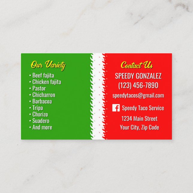Tarjeta De Visita Taco Catering Service Business Cards (Reverso)