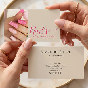 Tarjeta De Visita Tan Fuchsia Rosa Script Foto Artista de Uñas Salón