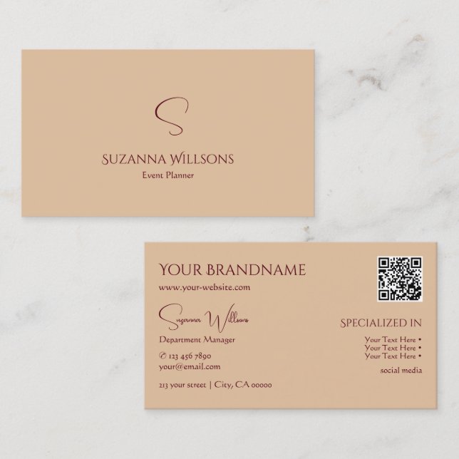 Tarjeta De Visita Tan simple y moderno con código de Monograma y QR (Anverso / Reverso)