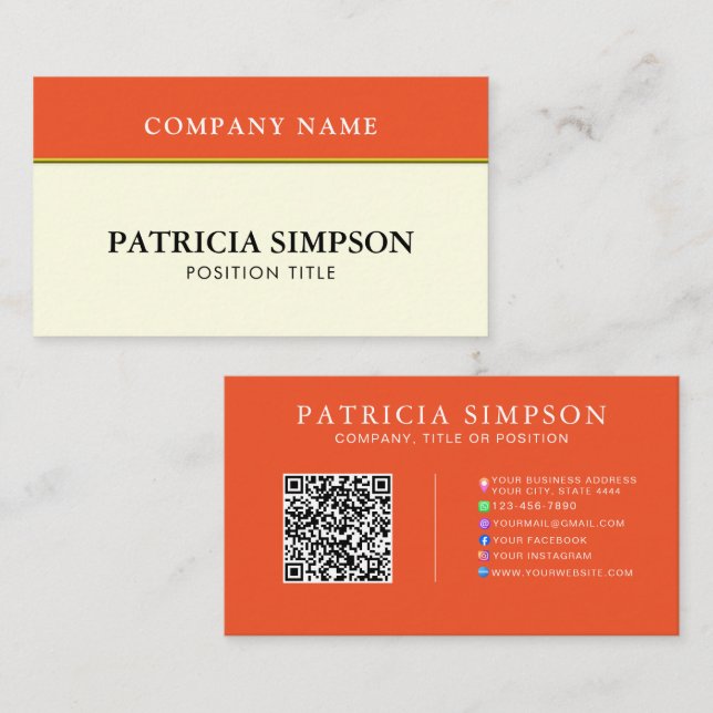 Tarjeta De Visita Tangerine Orange and Beige Cream QR Code Template (Anverso / Reverso)