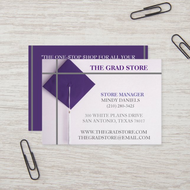 Tarjeta De Visita Tapón de graduación gris y morado del minorista de (Anverso/Reverso In Situ)