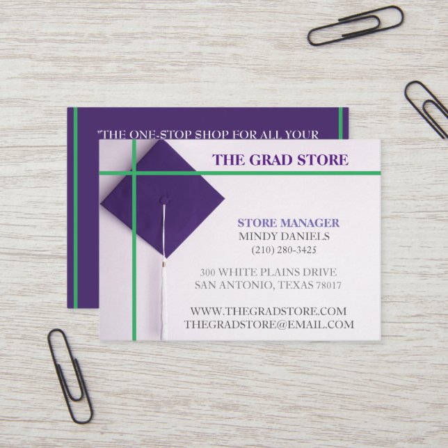 Tarjeta De Visita Tapón de graduación verde y púrpura del minorista  (Anverso/Reverso In Situ)