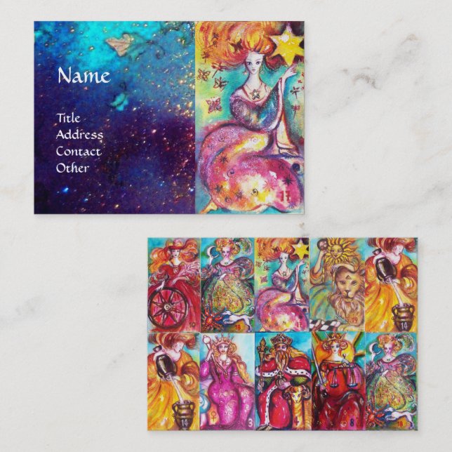 Tarjeta De Visita TAROS DE SOMBRAS PERDIDAS ESTRELLA, Sol, Justicia (Anverso / Reverso)