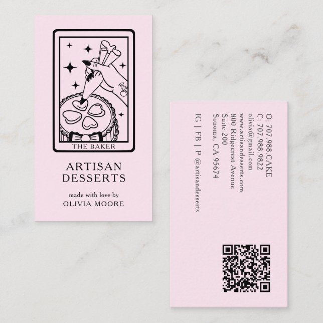Tarjeta De Visita Tarot Artisan Baker Dessert Caterer QR Code Pink (Anverso / Reverso)