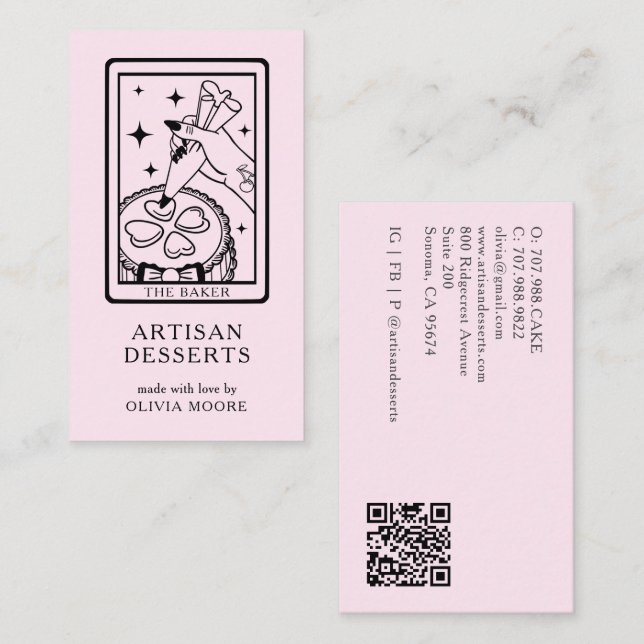 Tarjeta De Visita Tarot Artisan Baker Dessert Caterer QR Code Pink (Anverso / Reverso)
