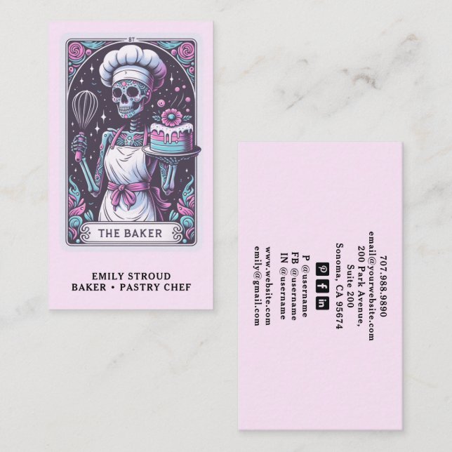 Tarjeta De Visita Tarot Baker Pastry Chef Dessert Caterer Pink (Anverso / Reverso)