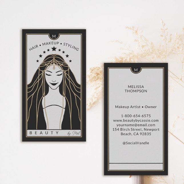 Tarjeta De Visita Tarot Card Makeup Hairdresser Monograma Dorado Neg (tarot business card mystical goddess stars monogram makeup hair lashes psychic reiki healer)