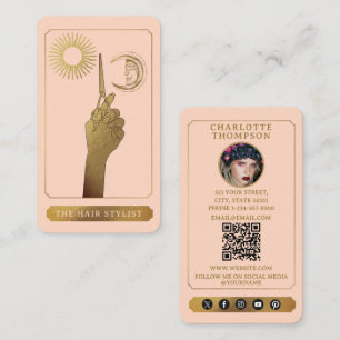 Tarjeta De Visita Tarot Celestial Foto Peluquera Rubor Rosa Dorado