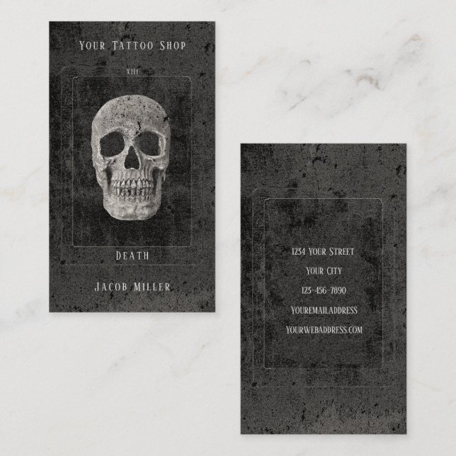 Tarjeta De Visita Tarot De Calavera De Tatuaje Blanco Y Negro (Anverso / Reverso)