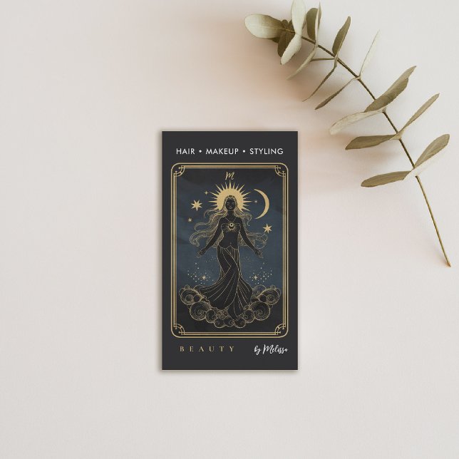 Tarjeta De Visita Tarot Moon Water Goddess Modern Elegant Black Gold (tarot business card mystical water gold black makeup hair lashes psychic reiki healer)