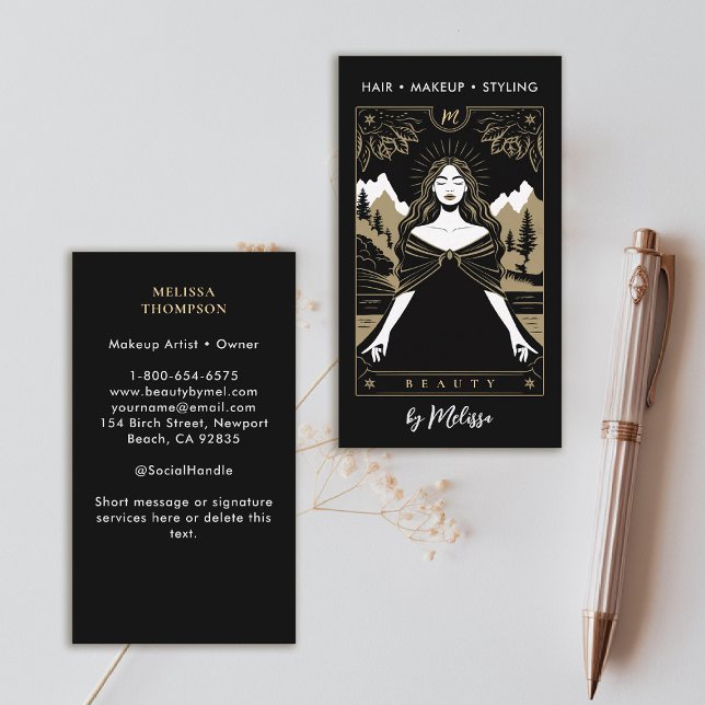 Tarjeta De Visita Tarot Mountains Goddess Modern Elegant Black Gold (tarot business card mountains nature mystical gold black makeup hair lashes psychic reiki healer)