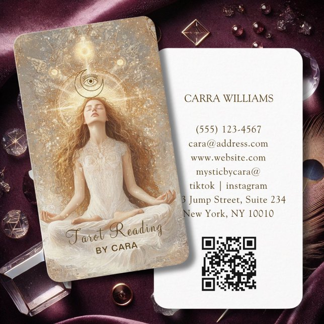 Tarjeta De Visita Tarot, Mystic Wye Moon Gold QR Code (Tarot, Mystic Woman Eye Moon Gold QR Code Business Card)