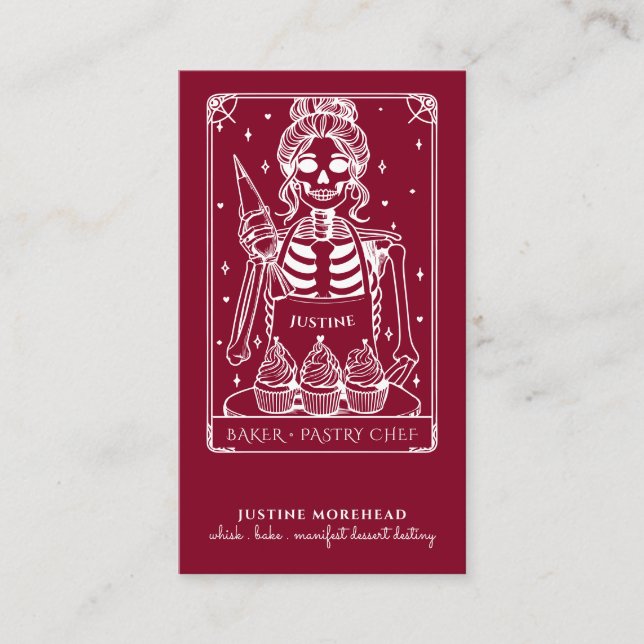 Tarjeta De Visita Tarot Skeleton Baker Whisk Cupcake Burgundy (Anverso)