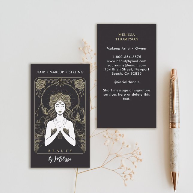 Tarjeta De Visita Tarot Water Rosa Goddess Modern Elegant Black Gold (tarot business card water roses mystical gold black makeup hair lashes psychic reiki healer)