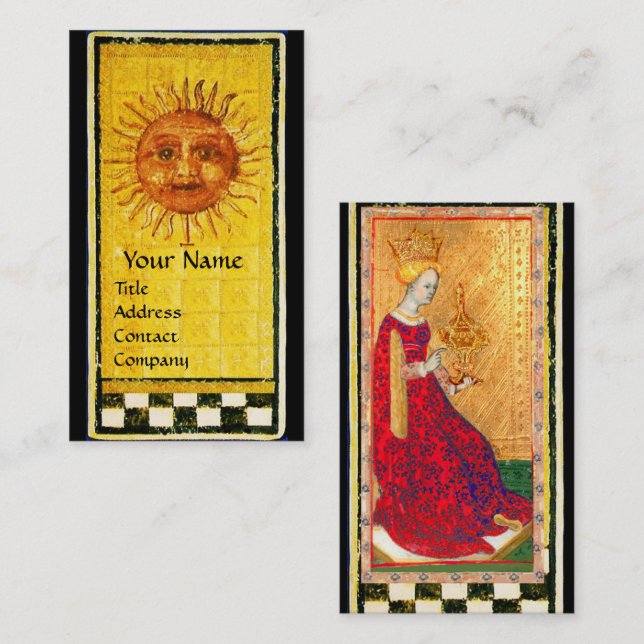 TARJETA DE VISITA TAROTES DE RENACIMIENTO ANTIGUO/SOL Y REINA DE CUP (Anverso / Reverso)