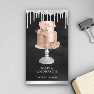 Tarjeta De Visita Tarta Floral Rosa con Drips de Plata Pastelería Ch