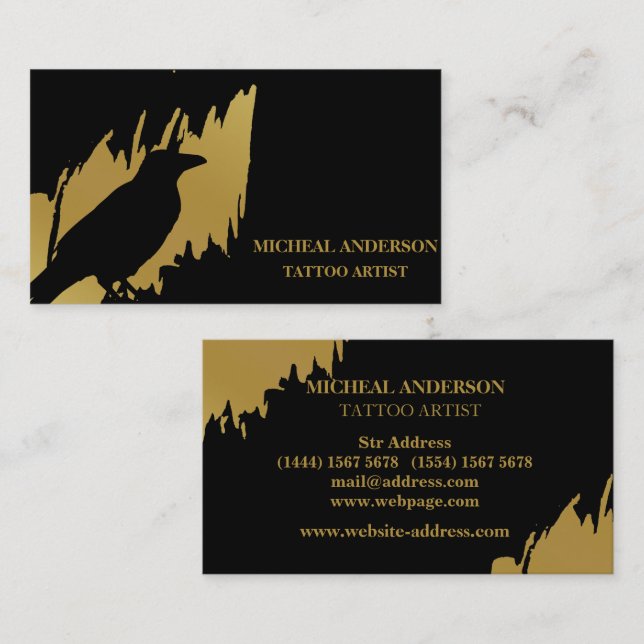 Tarjeta De Visita Tattoo Artist Black Crow Modern Gold Brush Stroke (Anverso / Reverso)