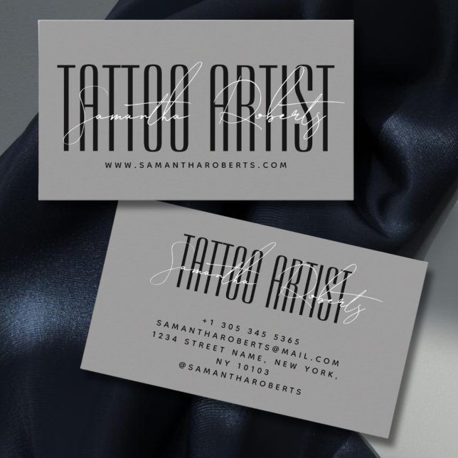 Tarjeta De Visita Tattoo artist modern typography script gray (Subido por el creador)